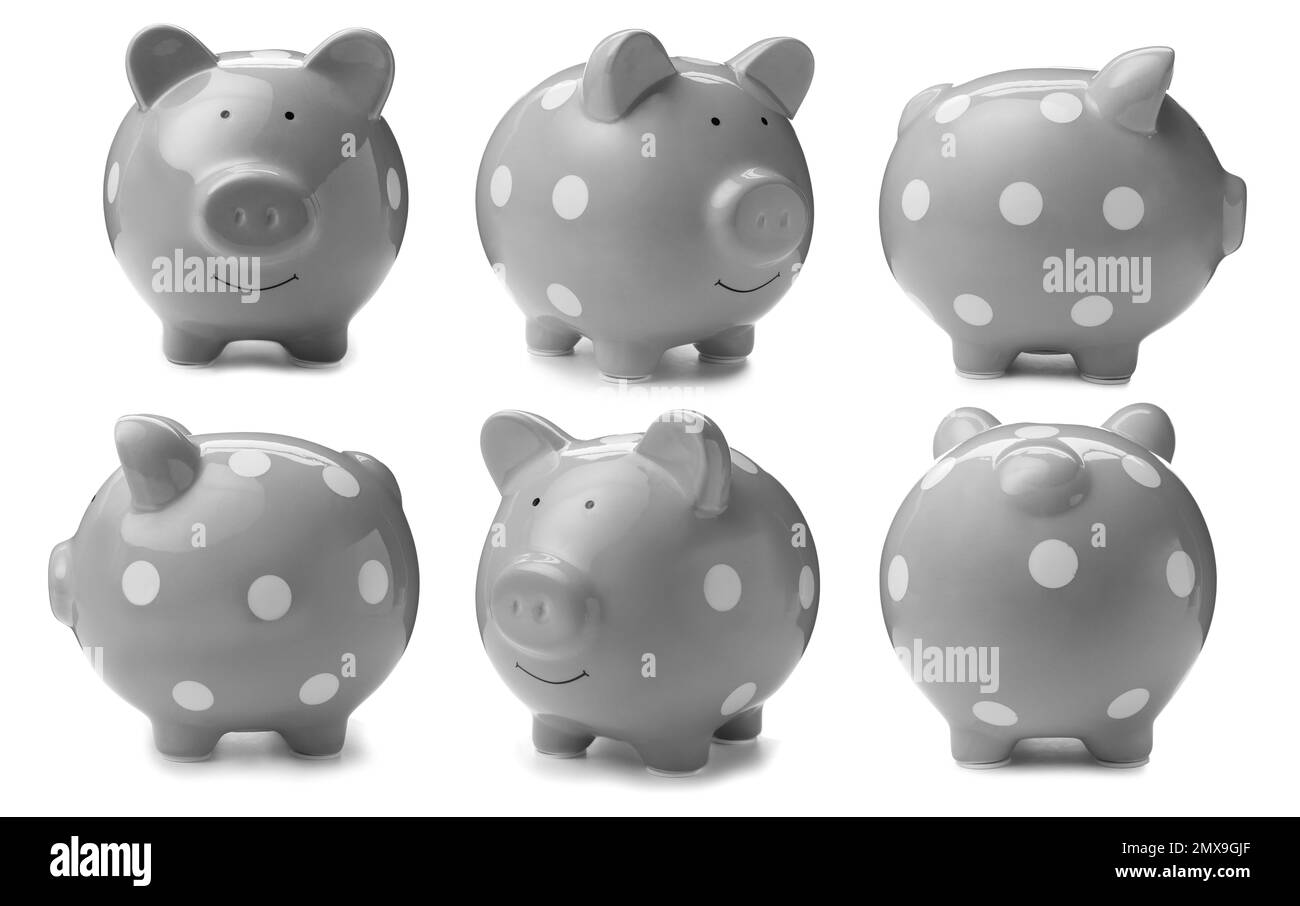 Set with grey piggy bank on white background Stock Photo