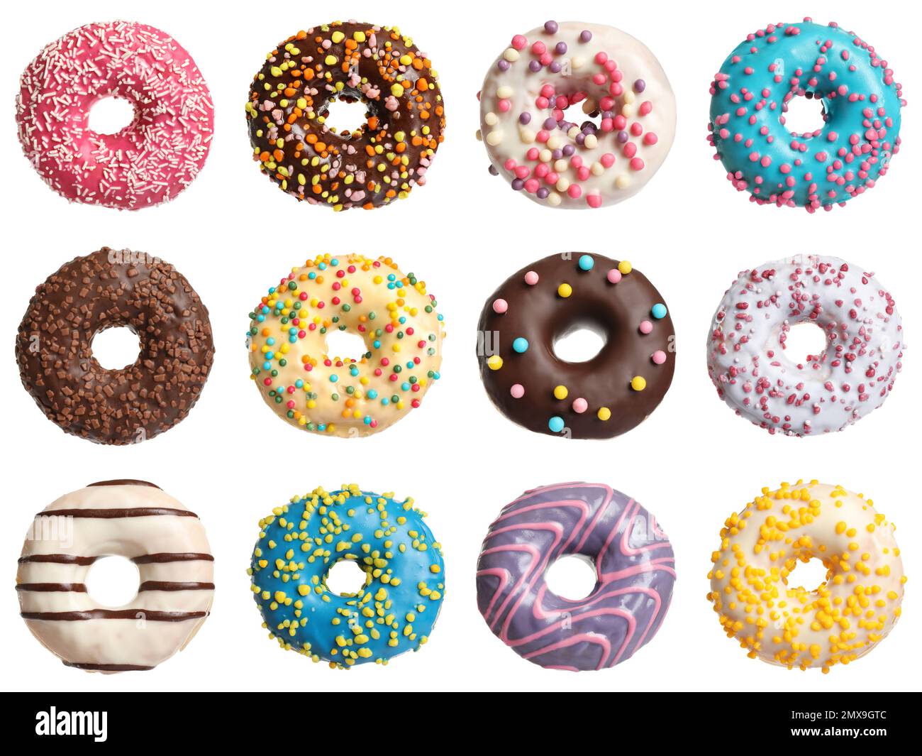 Set with delicious glazed donuts on white background Stock Photo - Alamy