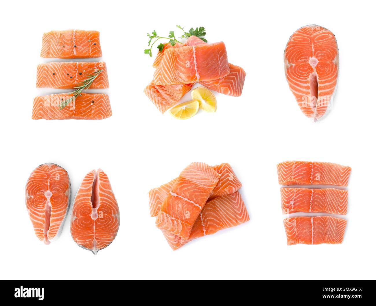 Set with steaks of fresh raw salmon on white background, top view. Fish ...