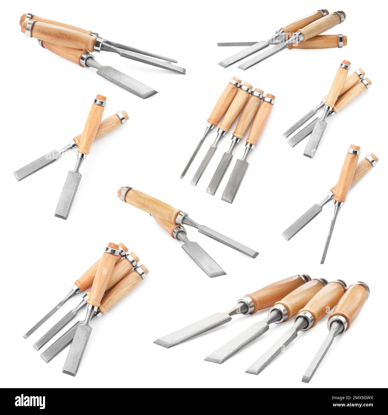 Set with modern chisels on white background. Carpenter's tools Stock