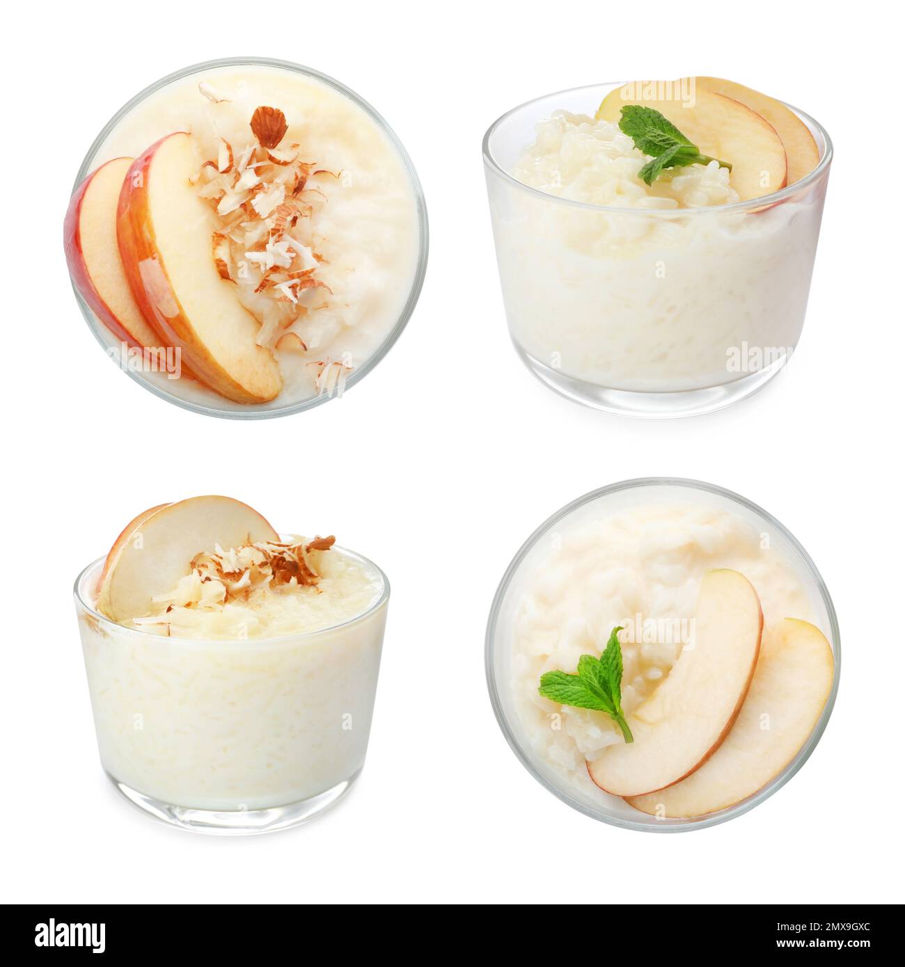 Set of different delicious rice puddings on white background Stock