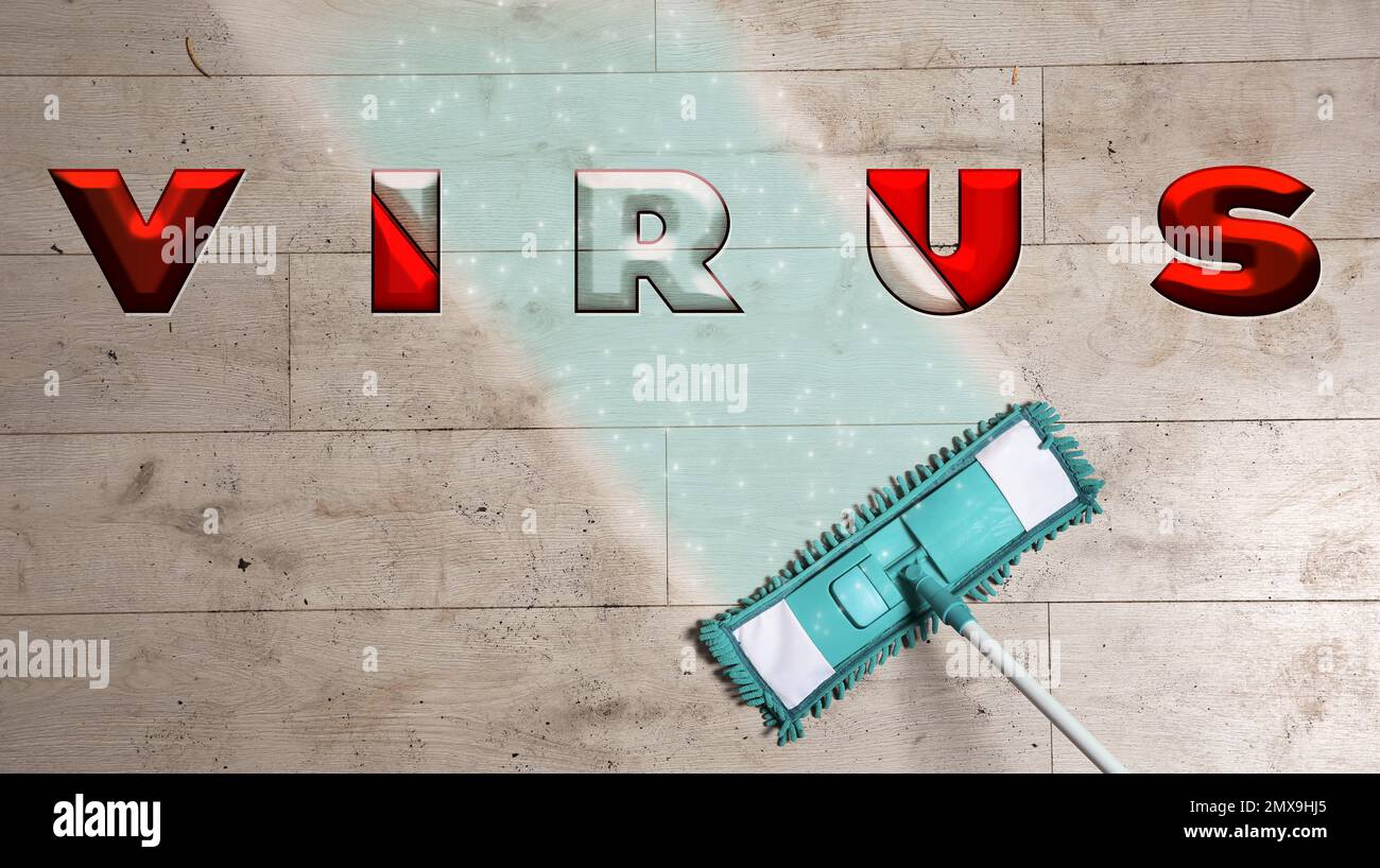 Cleaning vs viruses. Washing floor with mop and disinfecting solution