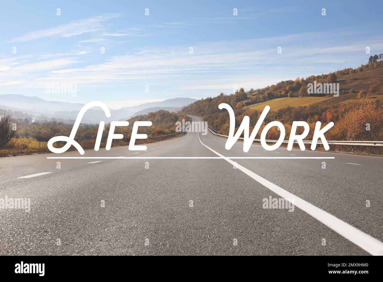 Landscape with asphalt road leading to mountains. Concept of balance ...