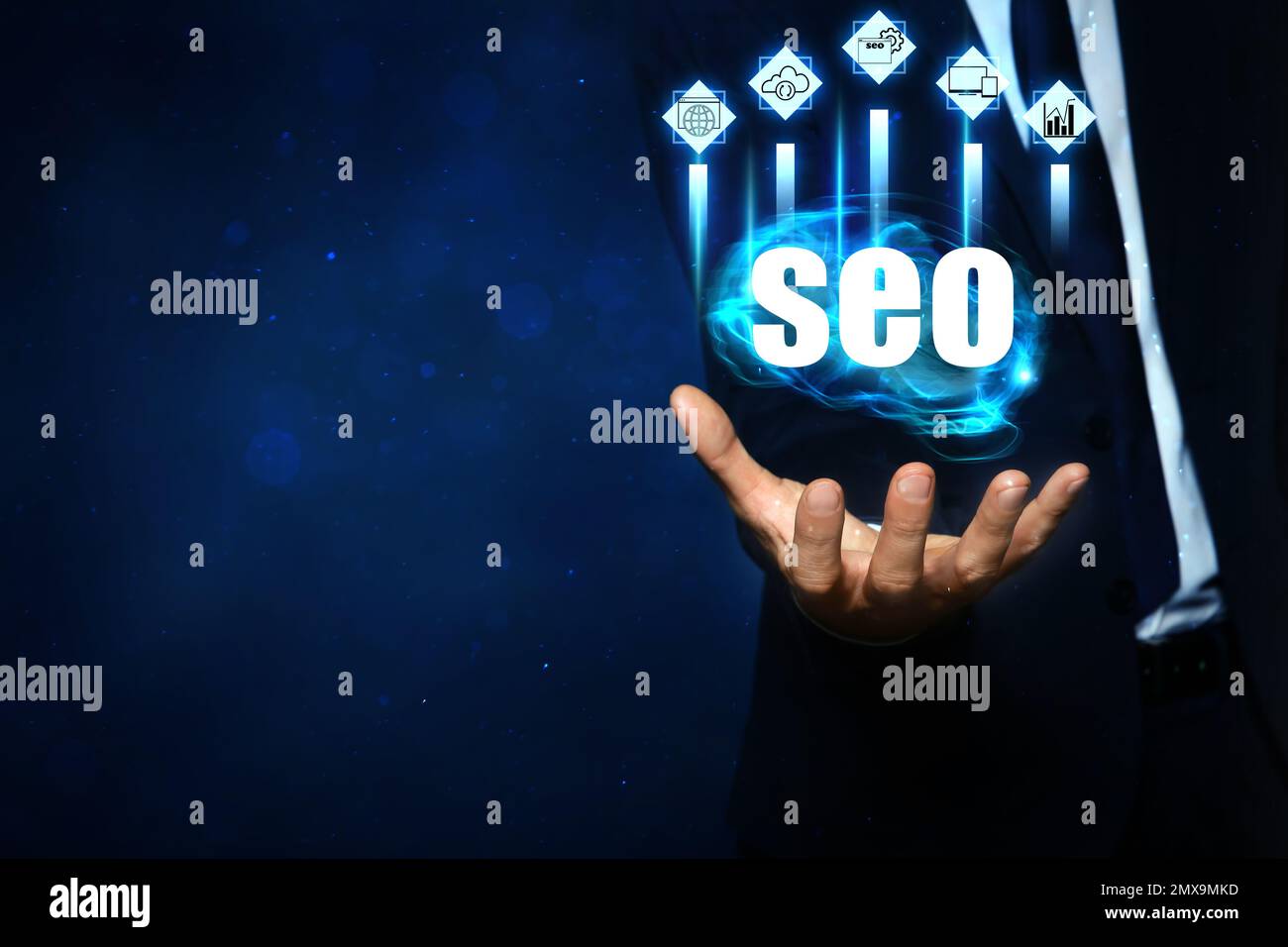 Man demonstrating directions of SEO, closeup. Icons of keyword research, customization and others Stock Photo