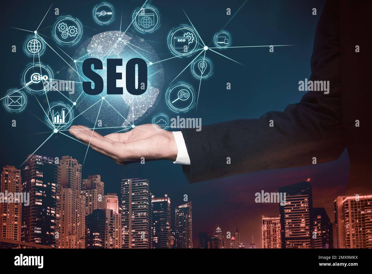 Man demonstrating directions of SEO, closeup. Icons of keyword research, customization and others Stock Photo
