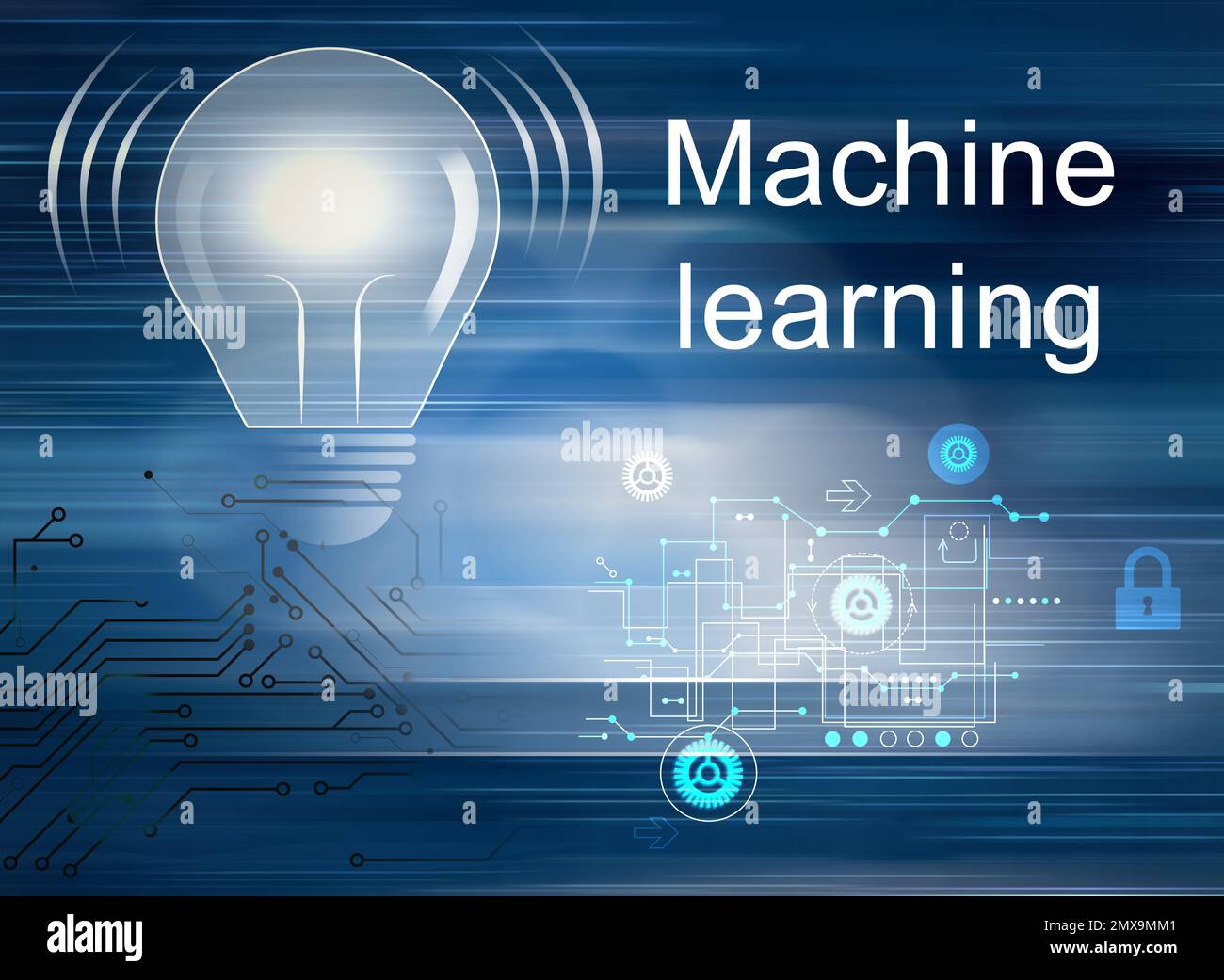 Machine learning concept. Illustration of light bulb, scheme and