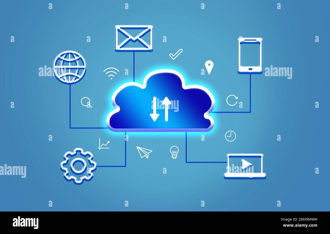 Illustration of digital cloud with different icons on blue background ...