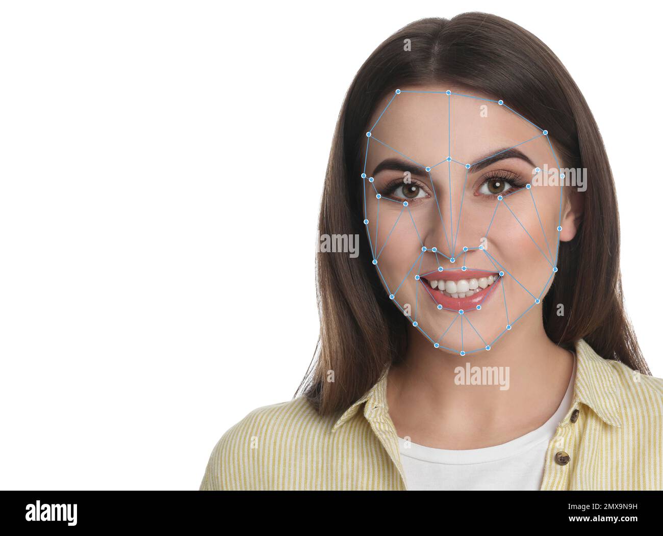 Facial recognition system. Young woman with biometric identification