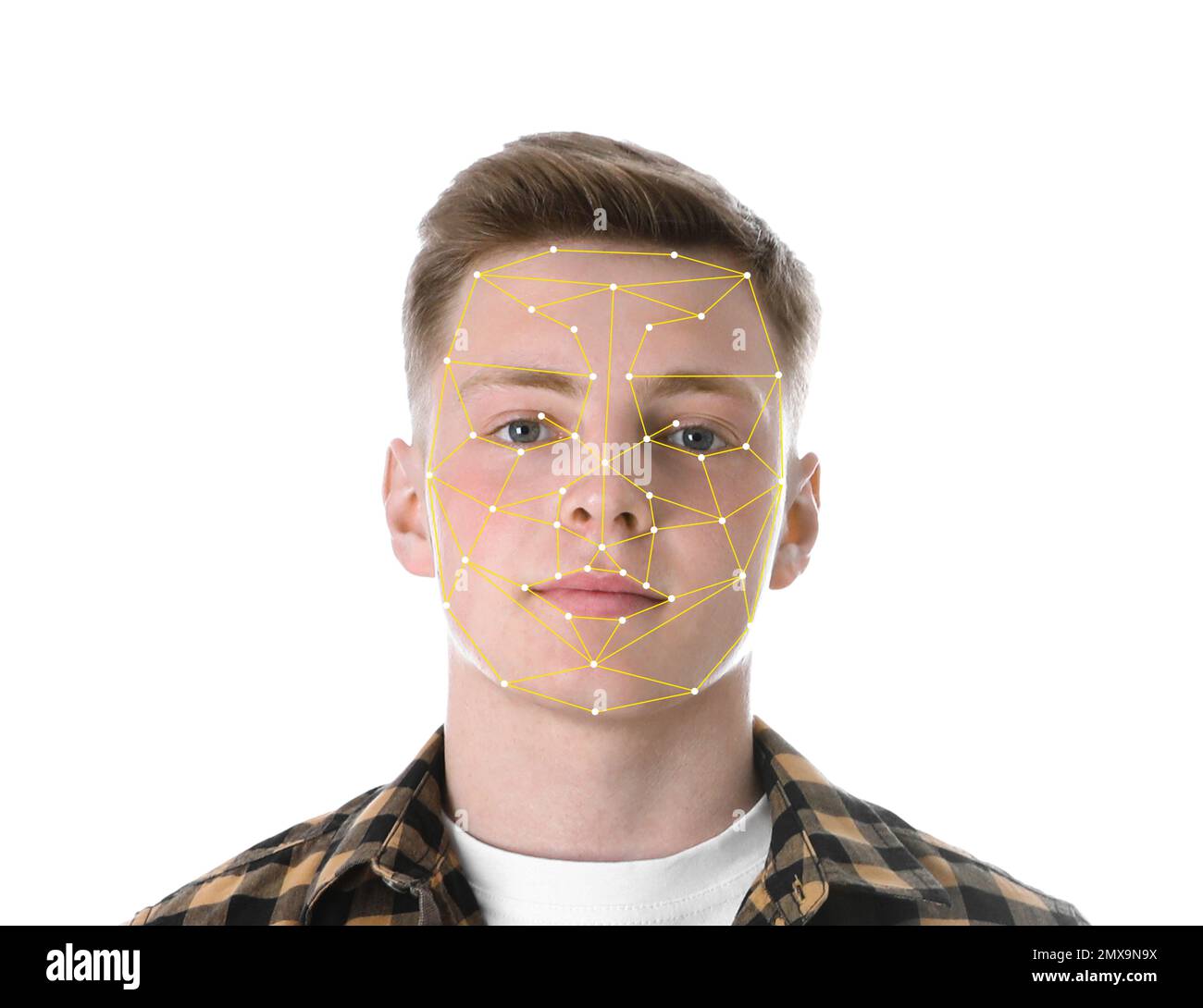 Facial recognition system. Teenage boy with biometric identification