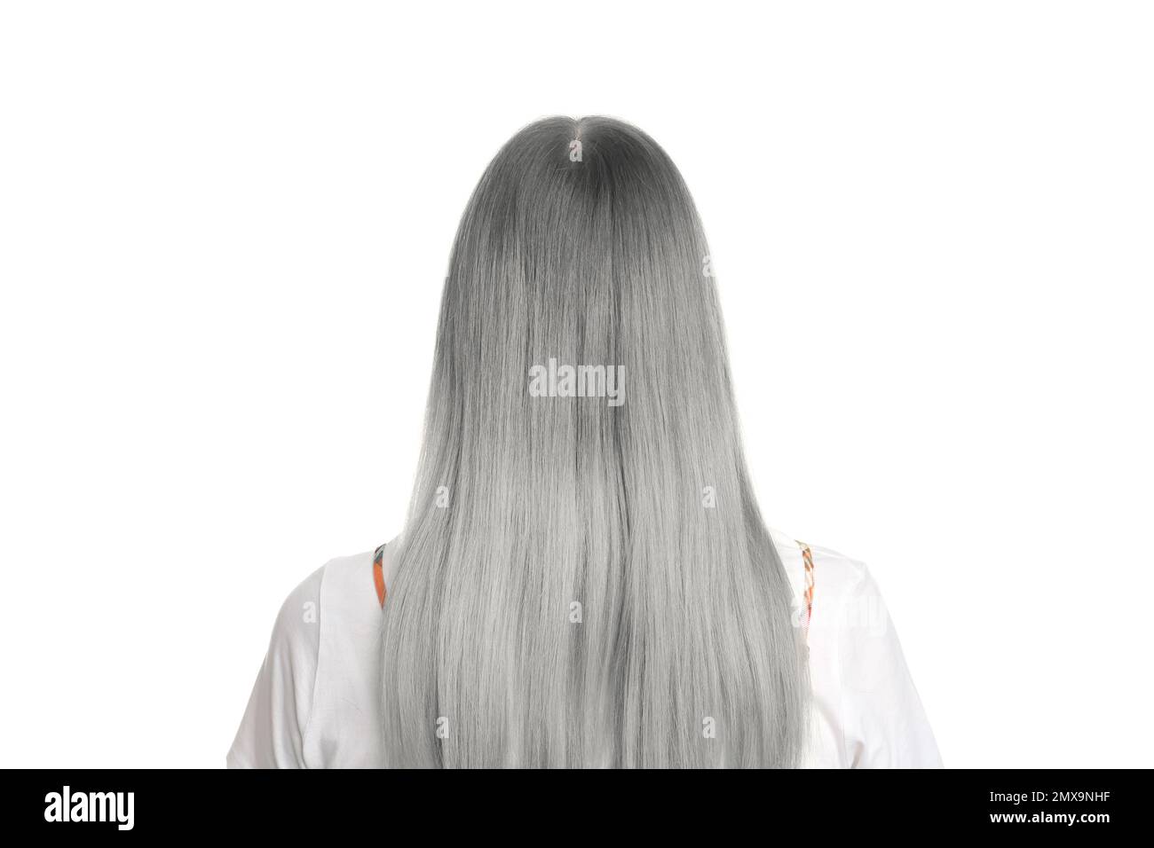 Woman with gray hair on white background, back view Stock Photo - Alamy