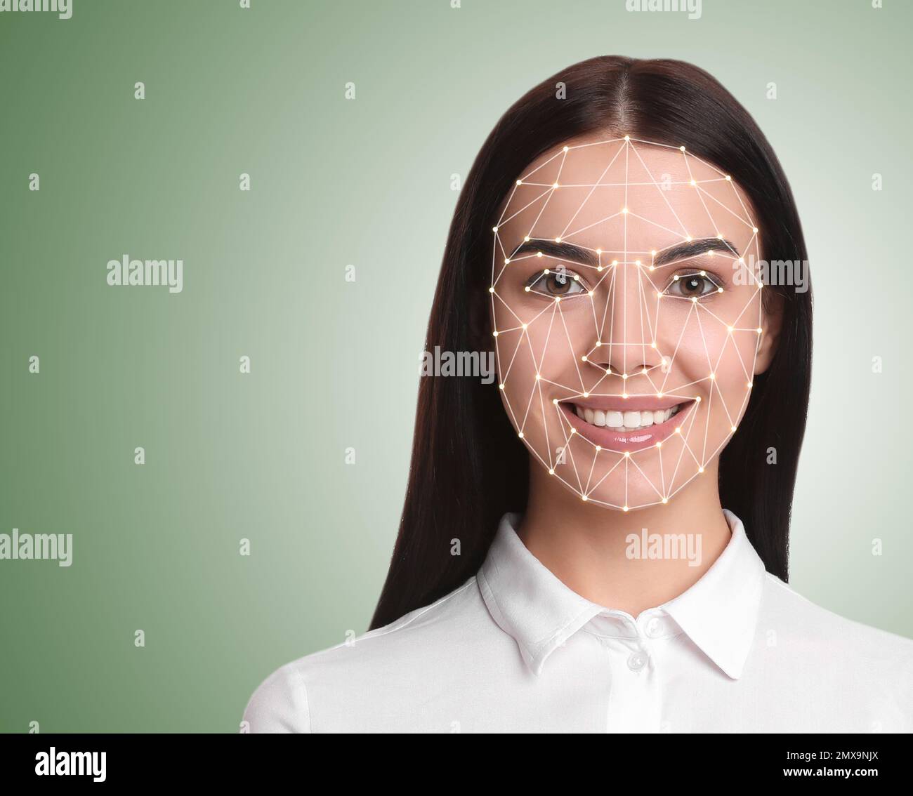 Facial recognition system. Young woman with biometric identification
