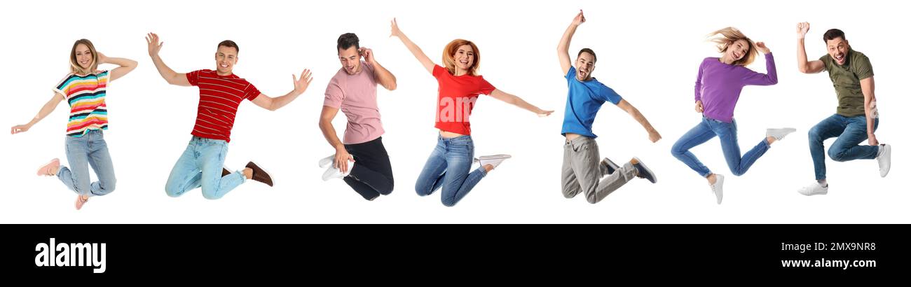 Collage of emotional people jumping on white background. Banner design Stock Photo