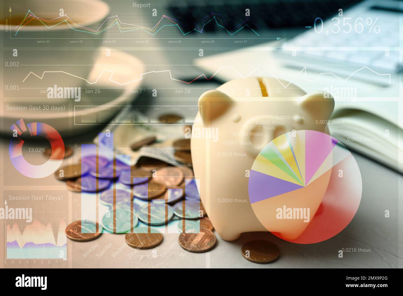 Forex trading. Piggy bank with money on grey table and charts Stock Photo -  Alamy