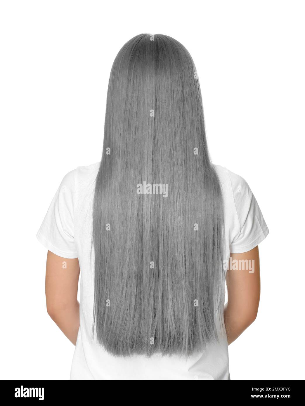 Woman with gray hair on white background, back view Stock Photo - Alamy