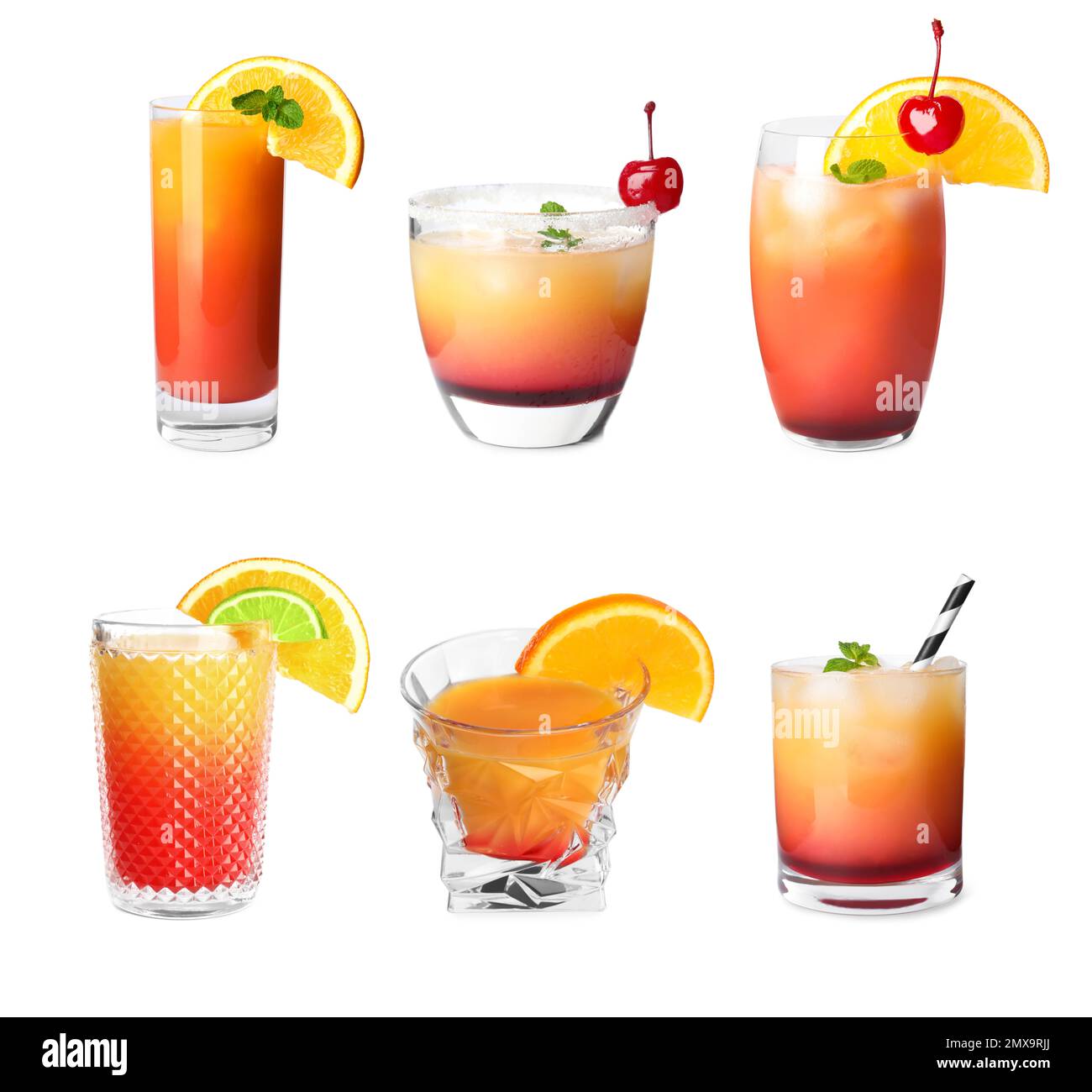 Set of Tequila Sunrise cocktails on white background Stock Photo