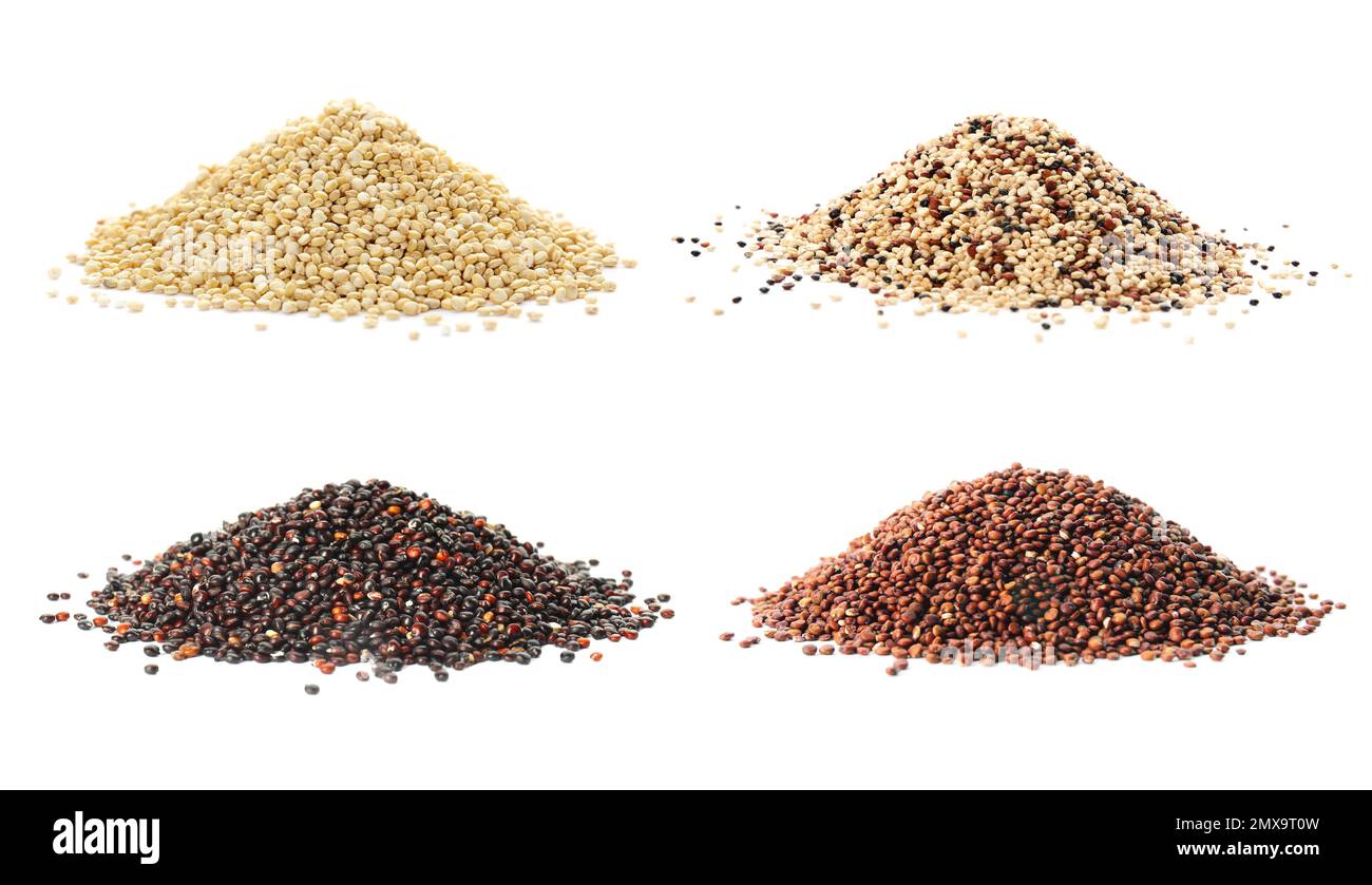 Set with different types of quinoa on white background Stock Photo Alamy