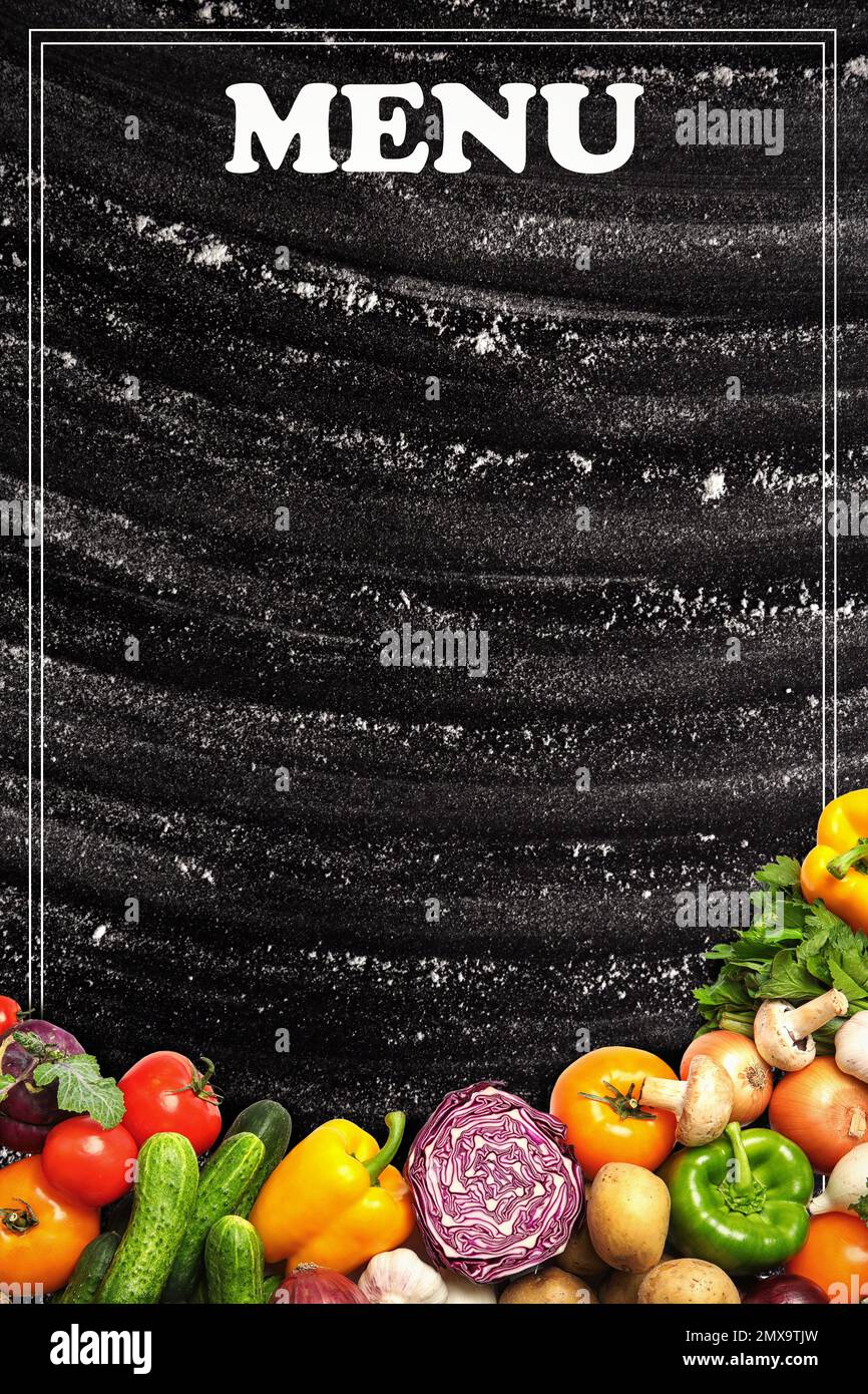 Design of menu with black board and vegetables, space for text Stock ...