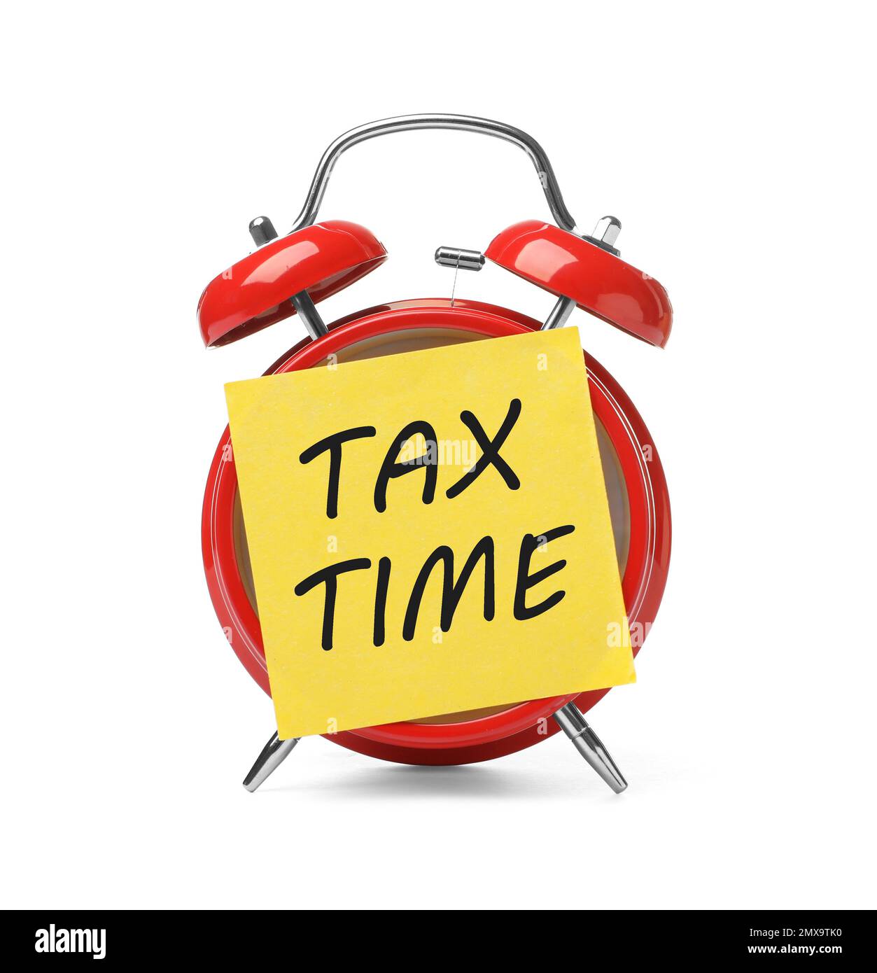 Time to pay taxes. Alarm clock with sticky note on white background