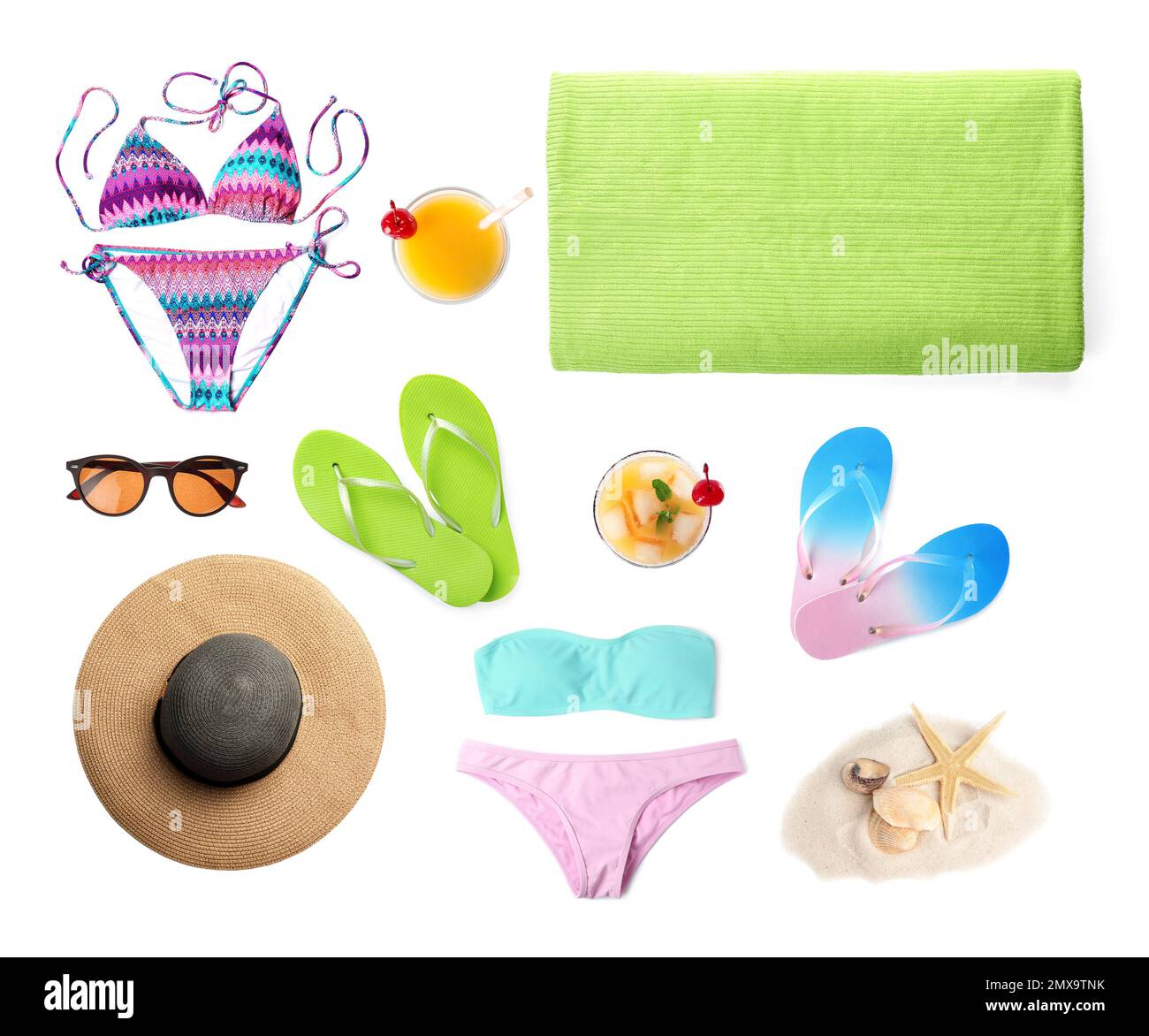 Set of items needed in summer vacation on white background Stock Photo