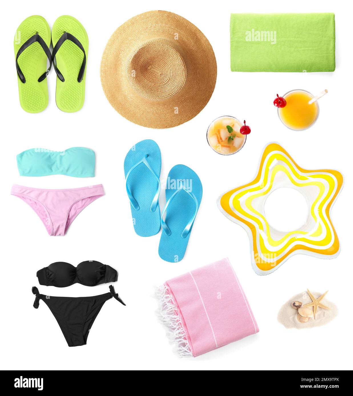 Set of items needed in summer vacation on white background Stock Photo