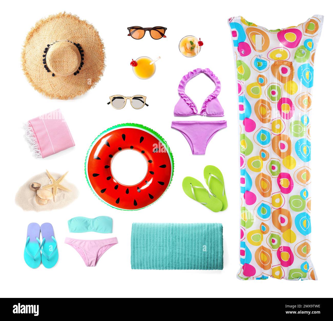 Set of items needed in summer vacation on white background Stock Photo