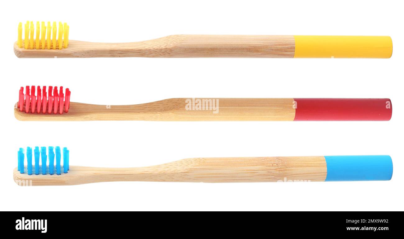 Set of bamboo toothbrushes on white background Stock Photo - Alamy