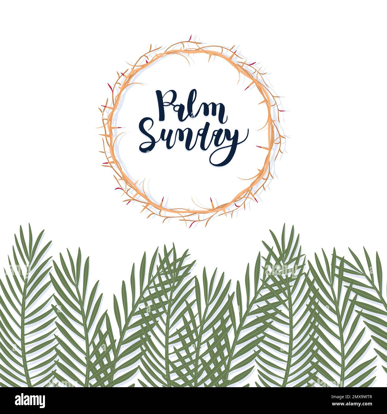 Palm Sunday concept. Palm branches and the Crown of Thorns. Vector
