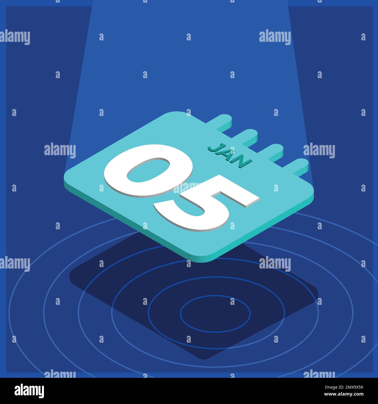 Blue 3D calendar floating with spotlight January 5th Stock Vector