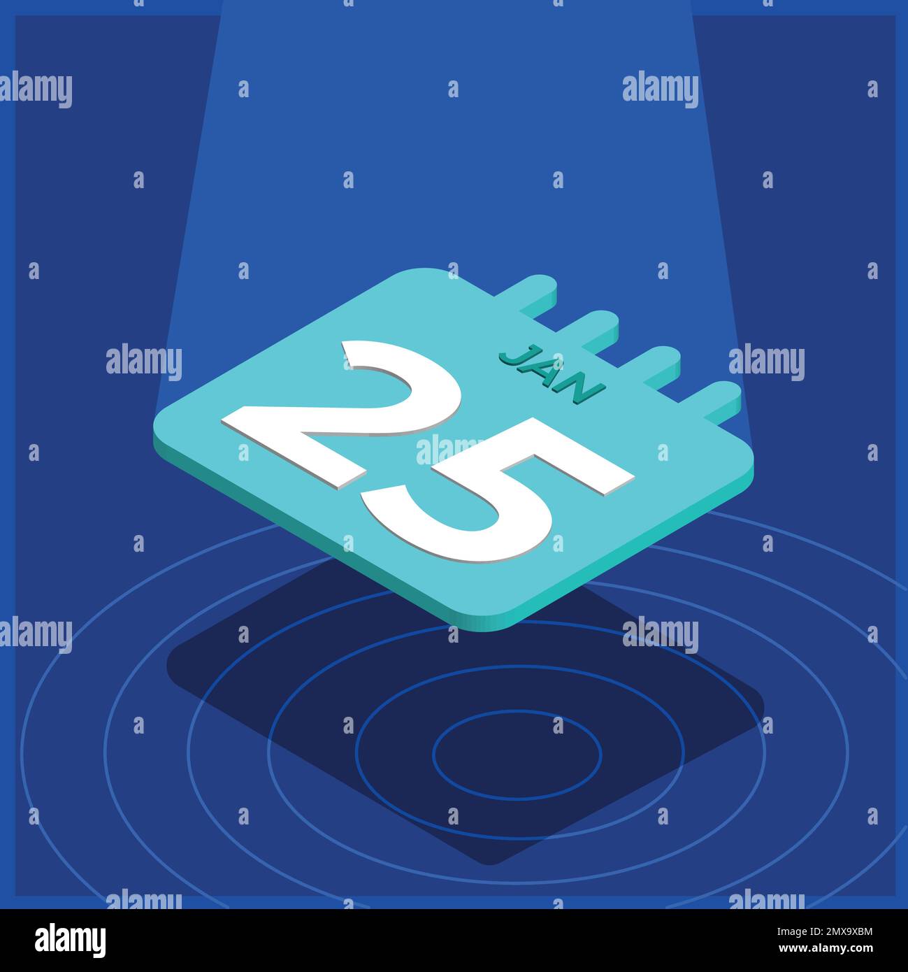 Blue 3D calendar floating with spotlight January 25th Stock Vector