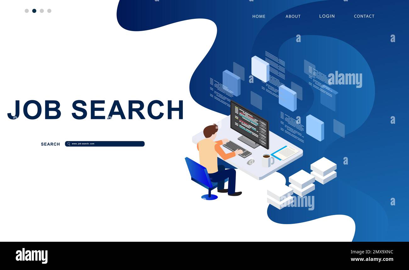 Job search website interface. Man using pc - flat illustration Stock ...