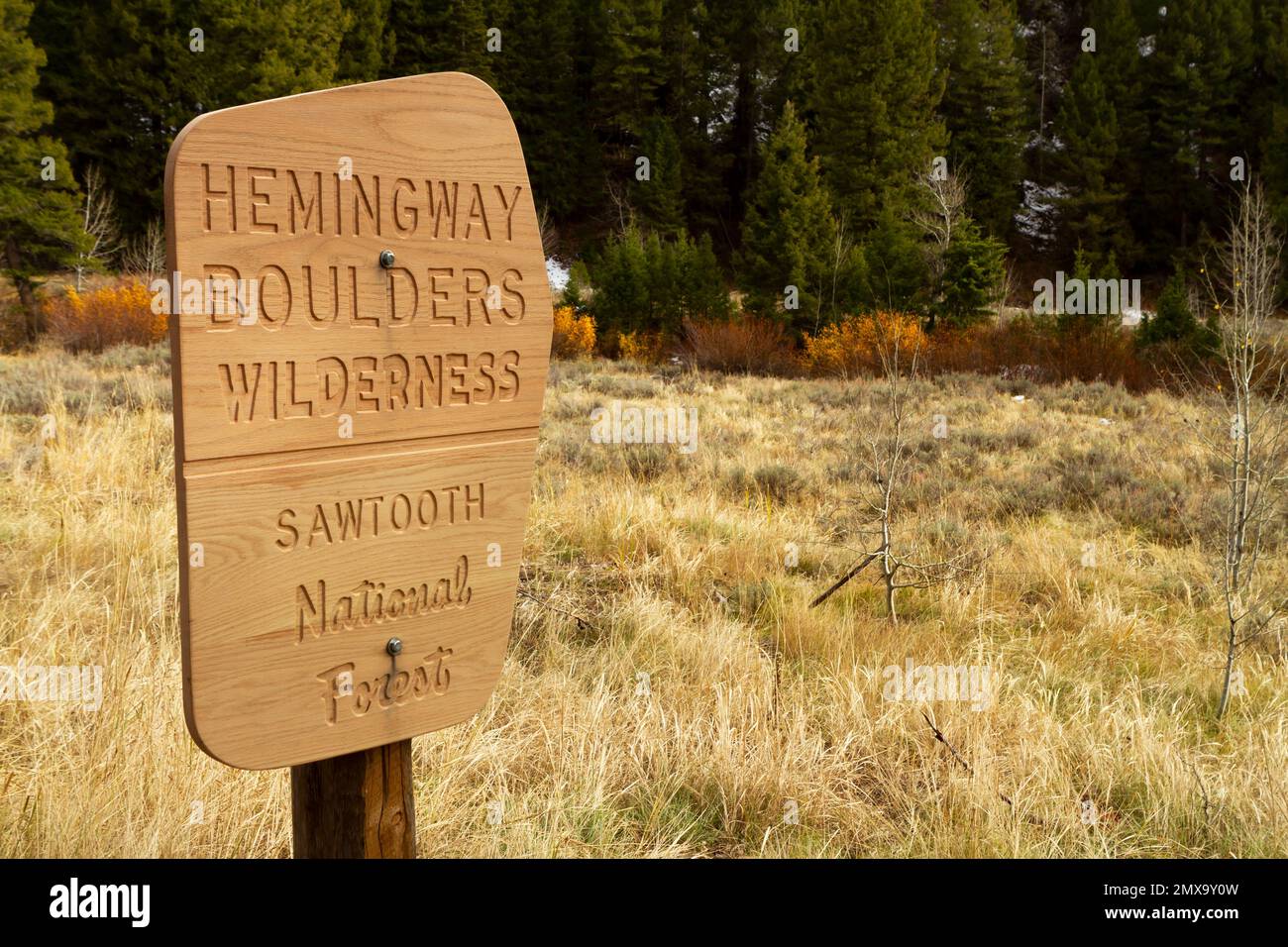 A new wooden sign with carved words for the Hemingway Boulders Wilderness area in the Sawtooth National Forest in Idaho, USA, taken in autumn. Stock Photo