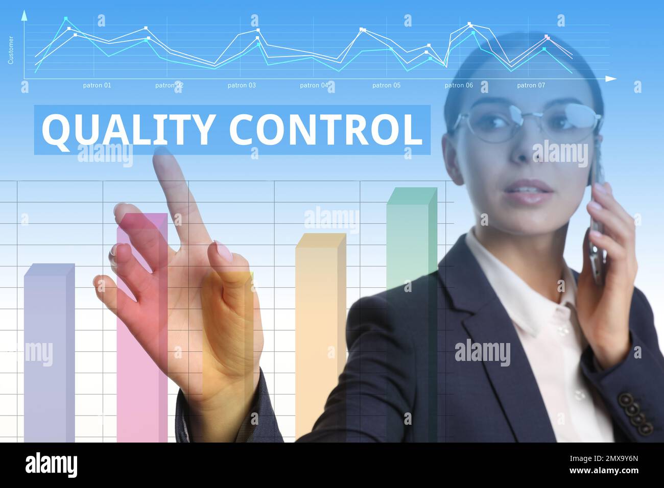 Quality control service. Businesswoman using virtual screen Stock Photo