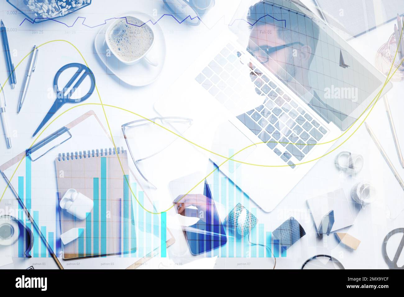 Flat lay composition with laptop and young businessman. Multiple exposure Stock Photo