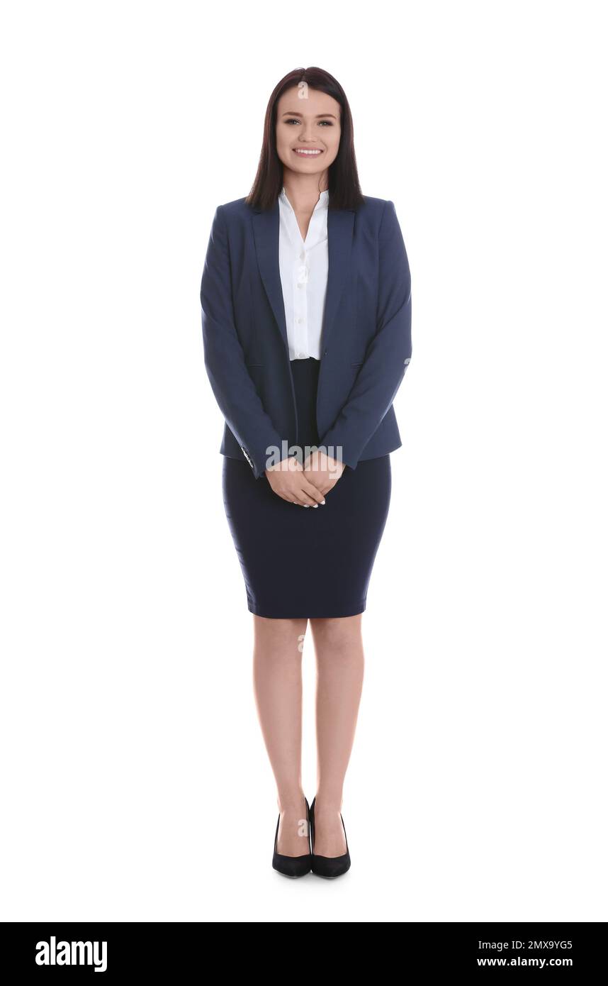 Full length portrait of young housekeeping manager on white background