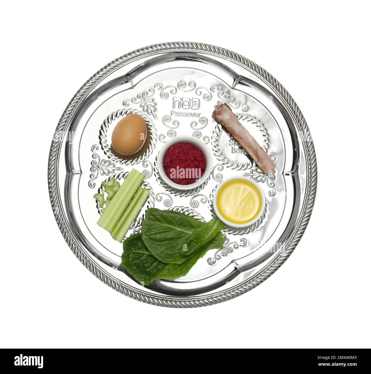 Passover Seder plate (keara) with symbolic meal isolated on white, top