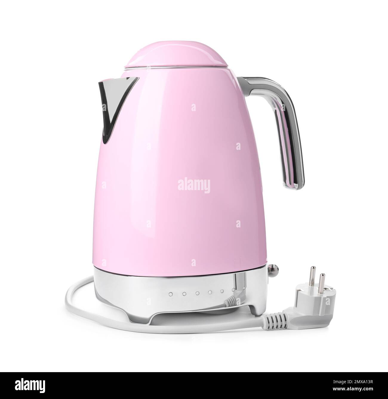 Modern pink electric kettle with base and plug isolated on white Stock
