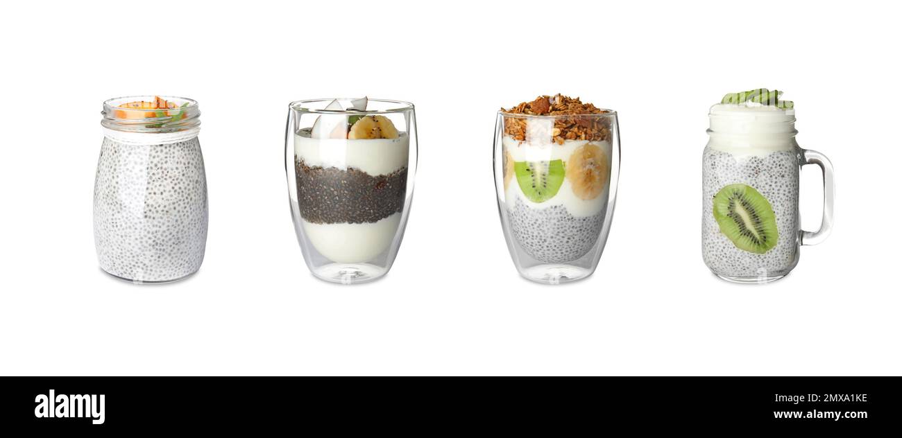 Set of different puddings with chia seeds on white background. Banner ...