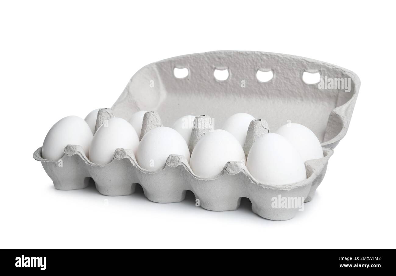 Box with chicken eggs isolated on white Stock Photo - Alamy