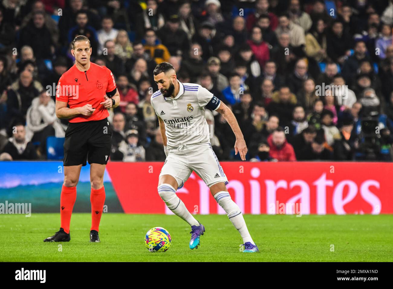 MADRID, SPAIN - FEBRUARY 2: Karim Benzema of Real Madrid CF control the ball during the match between Real Madrid CF and Valencia CF of La Liga Santander on February 2, 2022 at Santiago Bernabeu of Madrid, Spain. (Photo by Samuel Carreño/ PX Images) Stock Photo