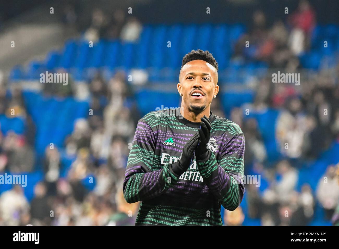 MADRID, SPAIN - FEBRUARY 2: Éder Militao of Real Madrid CF in the warm up of the match between Real Madrid CF and Valencia CF of La Liga Santander on February 2, 2022 at Santiago Bernabeu of Madrid, Spain. (Photo by Samuel Carreño/ PX Images) Stock Photo
