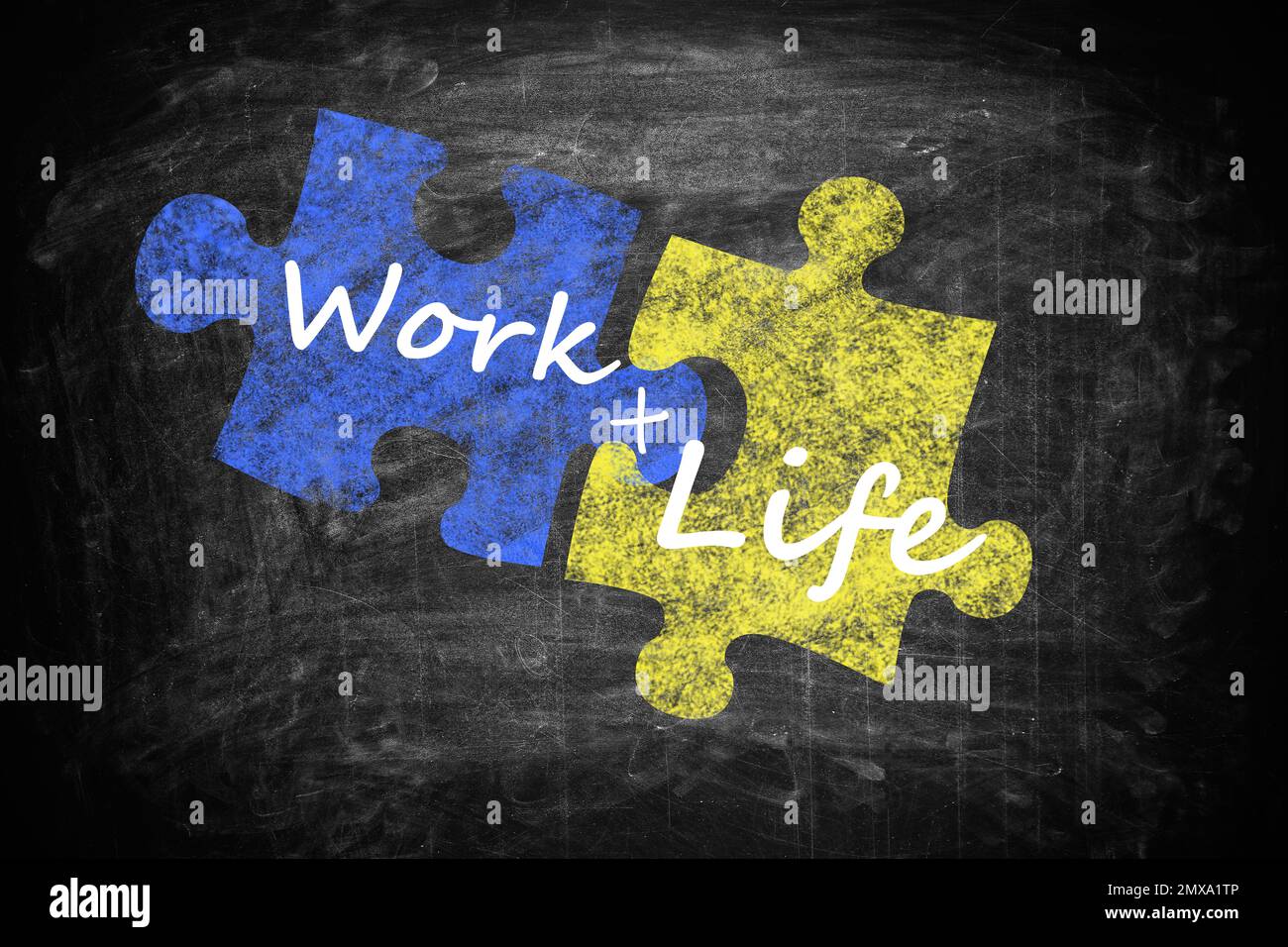Work-life balance concept. Drawing of connected puzzle pieces on ...
