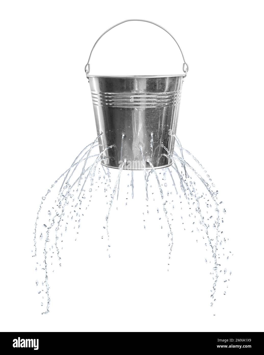 Leaky bucket with water isolated on white Stock Photo Alamy