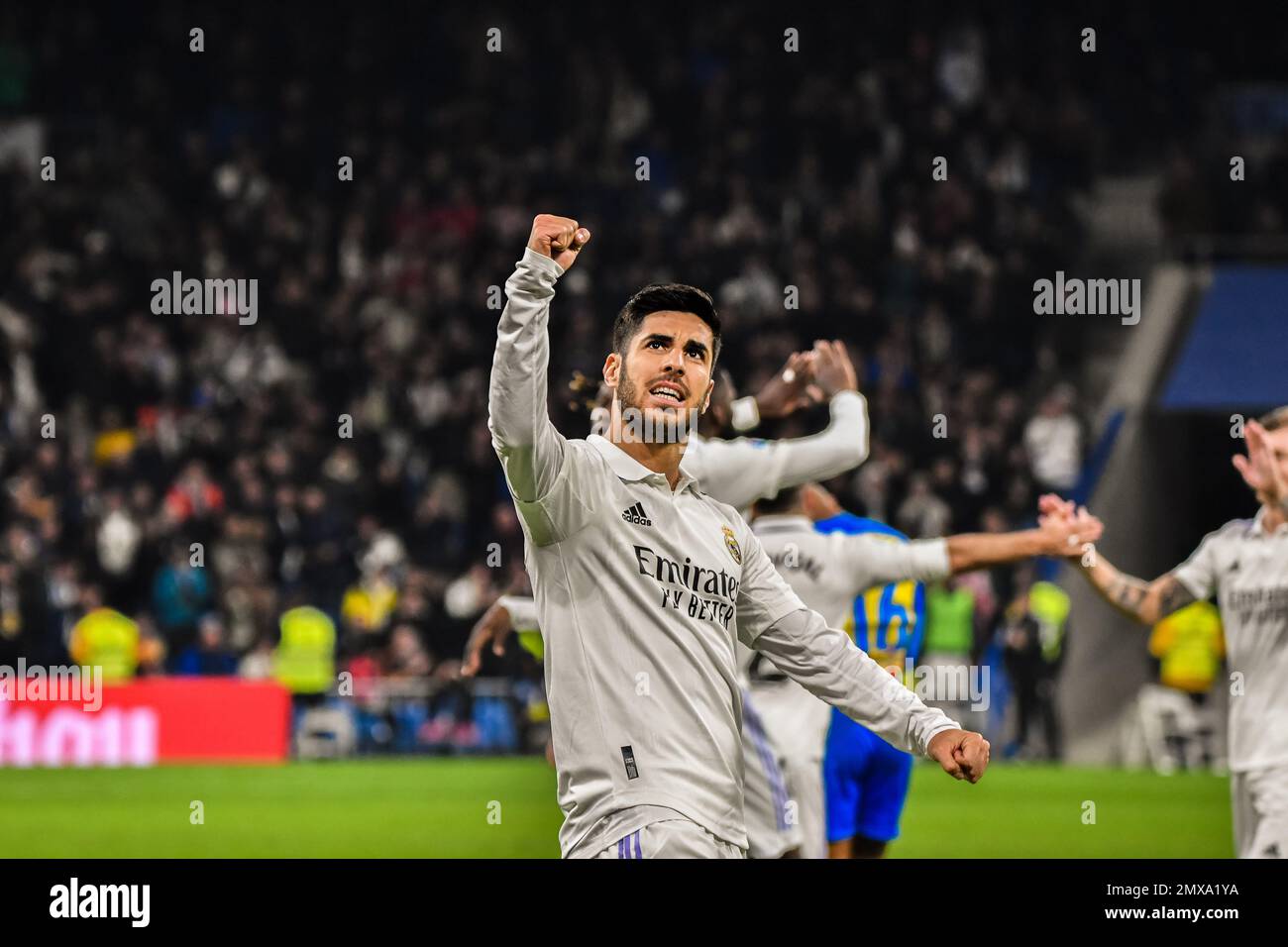 MADRID, SPAIN - FEBRUARY 2: Marco Asensio of Real Madrid CF celebration during the match between Real Madrid CF and Valencia CF of La Liga Santander on February 2, 2022 at Santiago Bernabeu of Madrid, Spain. (Photo by Samuel Carreño/ PX Images) Stock Photo