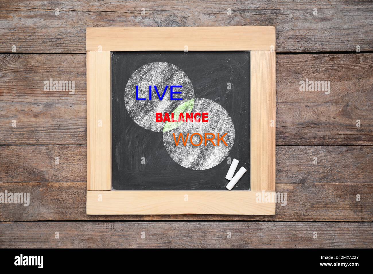 Work-life balance concept. Chalkboard with drawing of intersecting ...