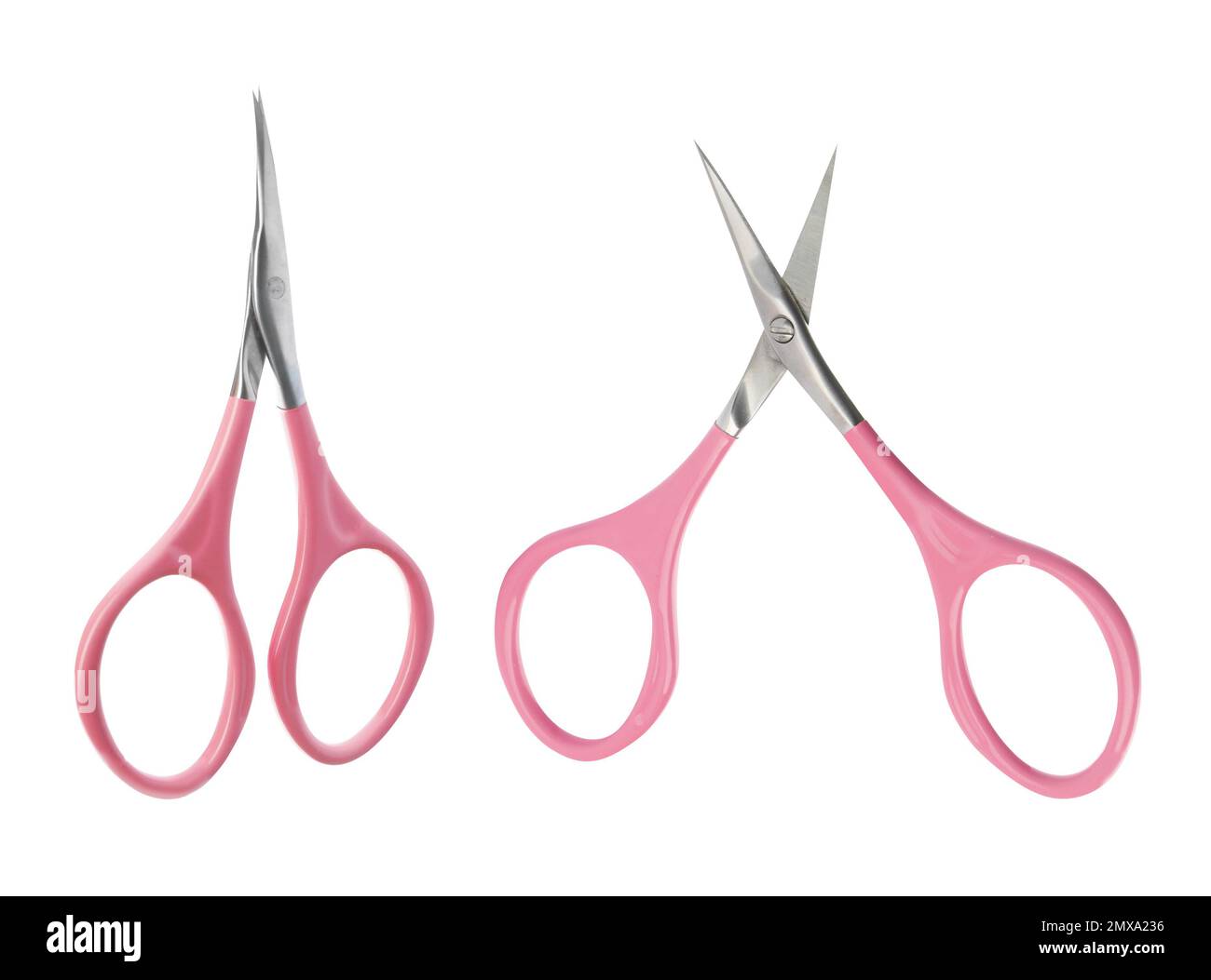 Sharp manicure scissors on white background, top view Stock Photo
