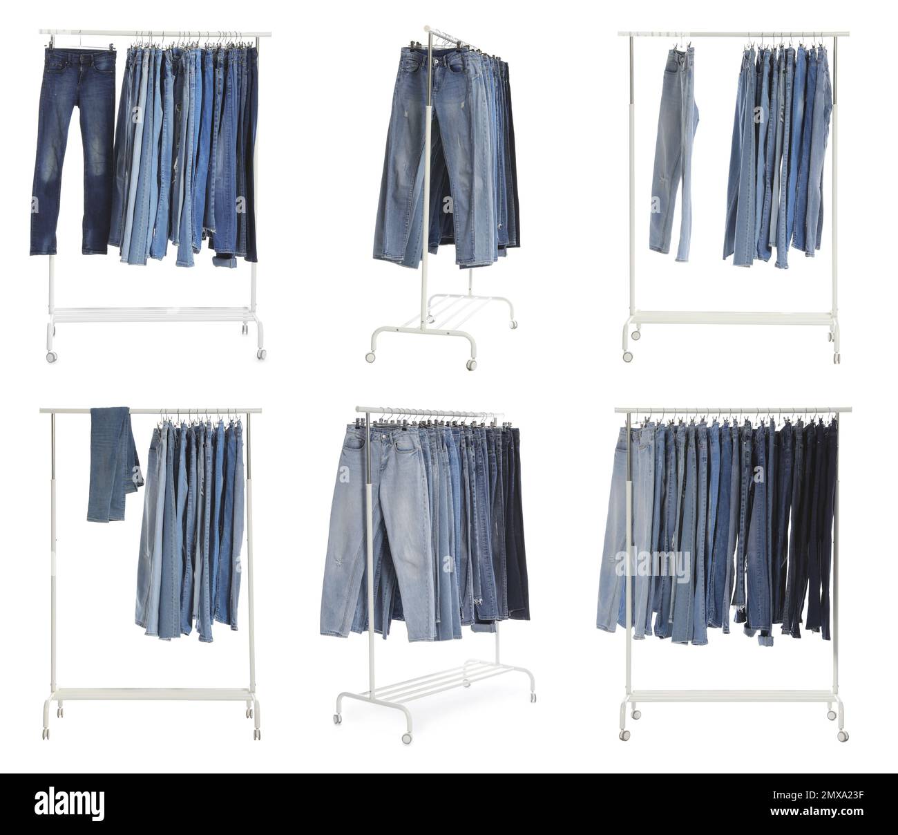 Set with racks of different jeans on white background Stock Photo Alamy