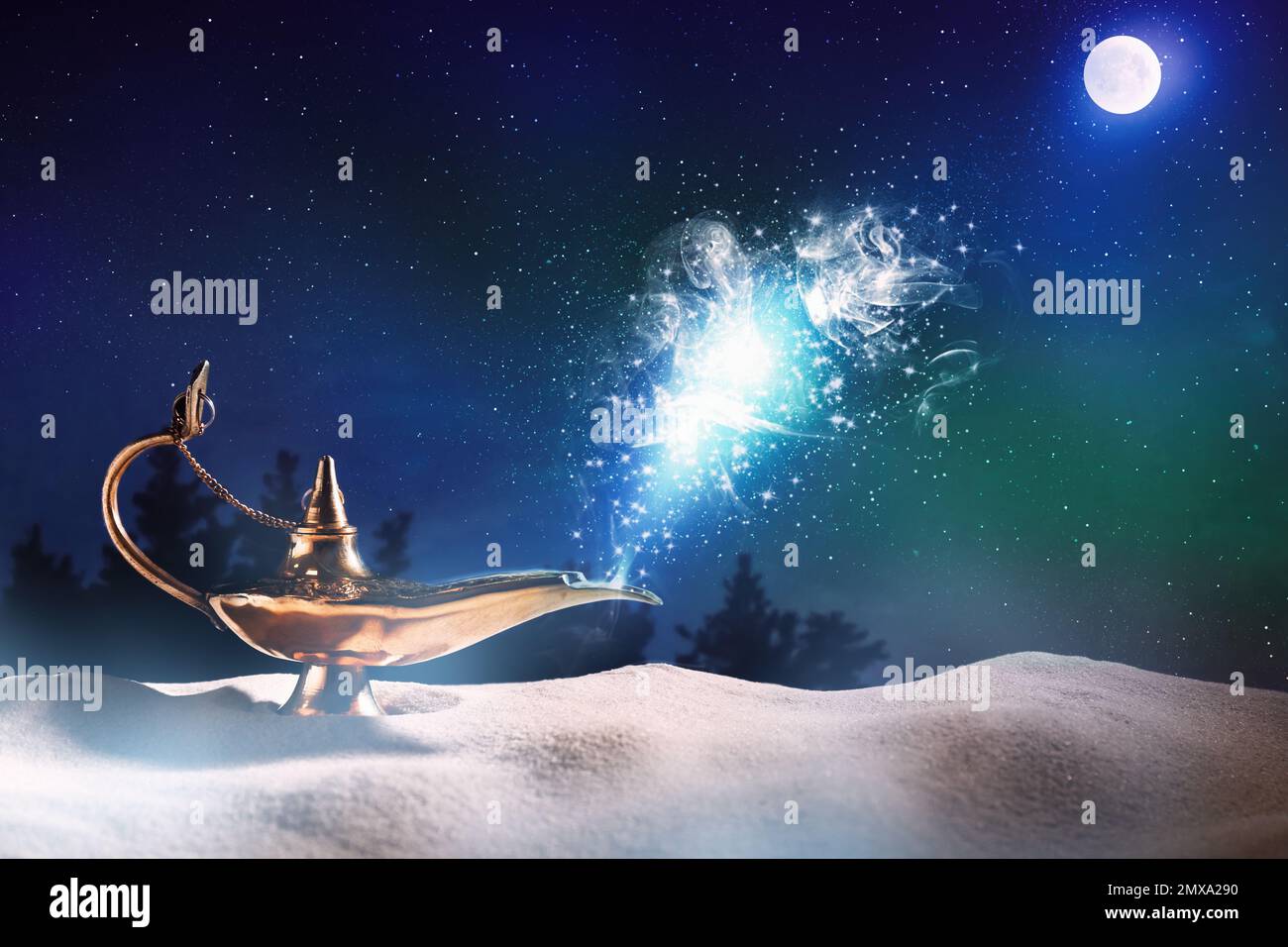 Genie appearing from magic lamp of wishes. Fairy tale Stock Photo - Alamy