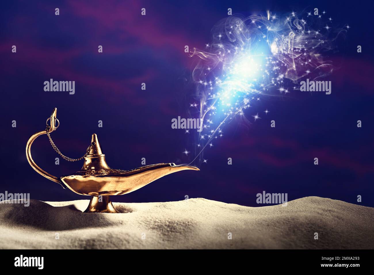 Genie appearing from magic lamp of wishes. Fairy tale Stock Photo - Alamy