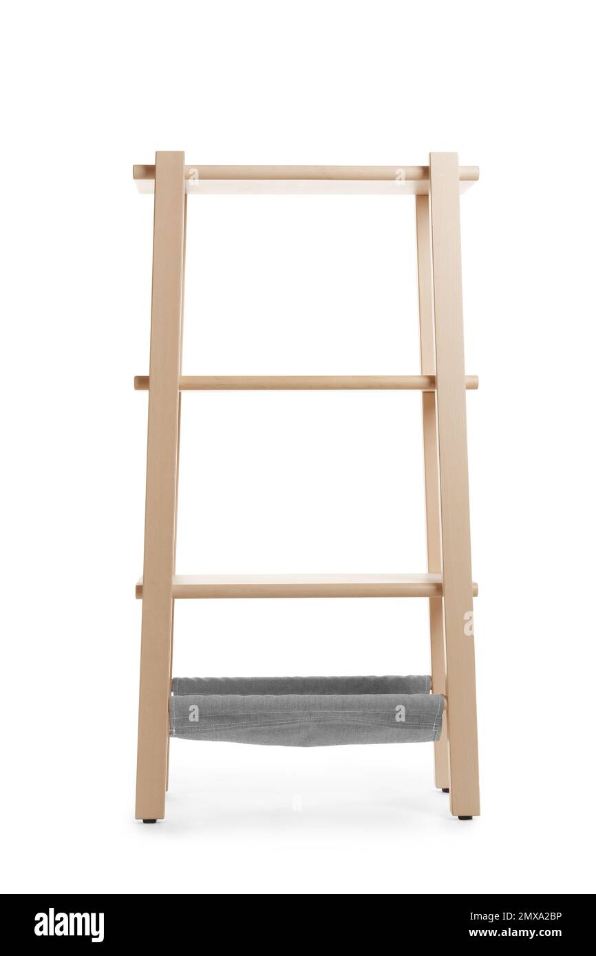 Empty wooden shelving unit isolated on white Stock Photo Alamy