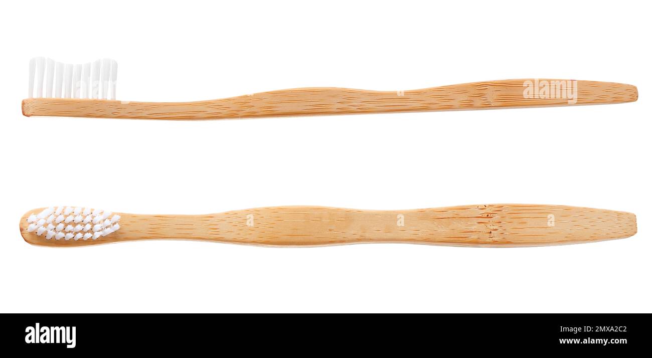 Bamboo toothbrushes with soft bristles on white background Stock Photo ...